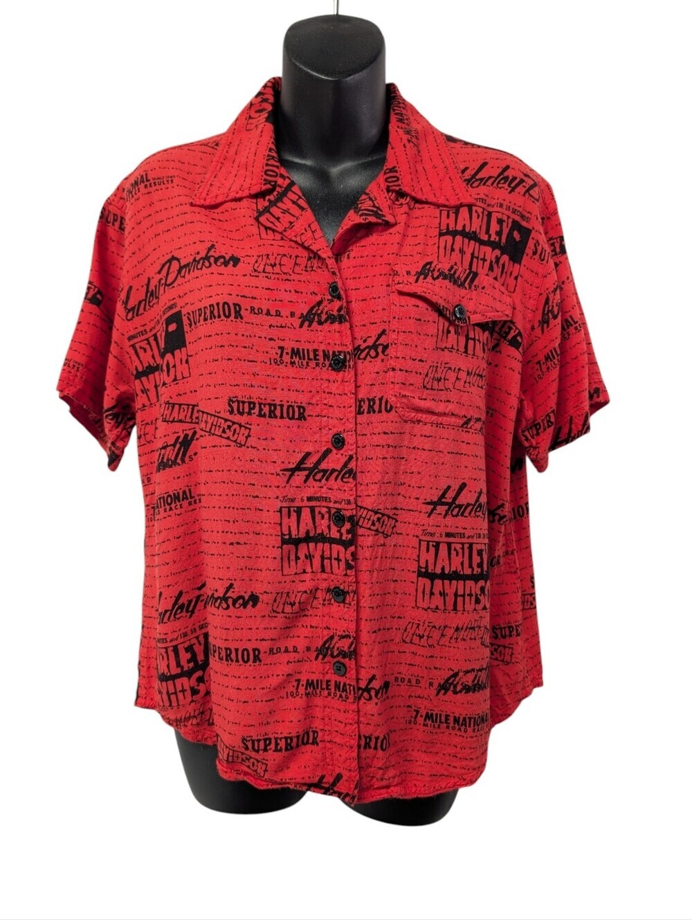 Harley-Davidson Red All Over Print Button Up Shirt Women's Size L 100% Rayon
